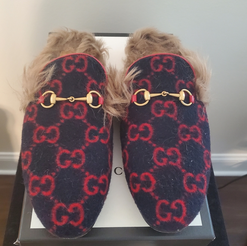 Gucci Princeton Chic Red and Blue Patterned Loafers